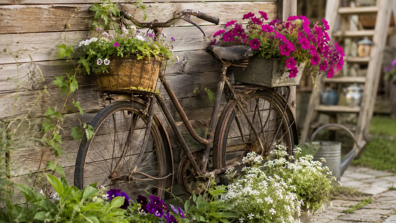 Gartendeko mit altem Fahrrad und Blumen als dekorativer Blickfang im naturnahen Garten vor Holzwand.