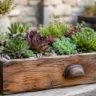 Gartendeko mit Sukkulenten in alter Holzschublade auf Terrasse mit Natursteinen und rustikalem Ambiente.