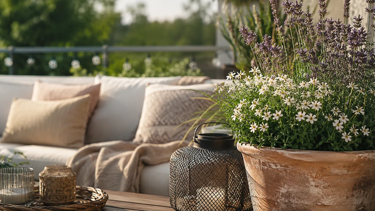 Sommerdeko für die Terrasse – 5 Ideen für gemütliche Sommerabende Sommerdeko für deine Terrasse mit Pflanzkübel, Laterne und gemütlicher Sitzecke im Sommerlicht.
