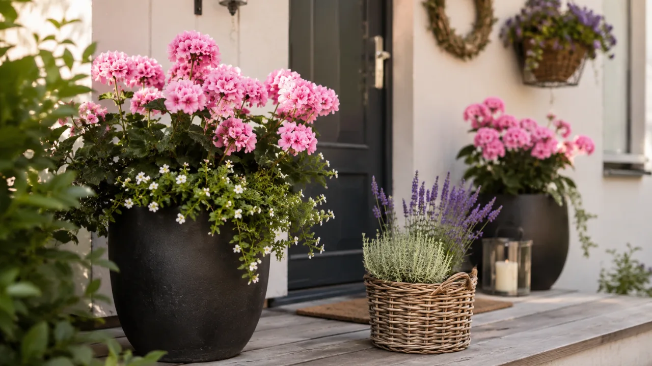 Hauseingangsdeko im Juli mit Sommerblumen, Lavendel und großen Pflanzkübeln am Hauseingang.