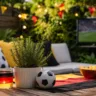 WM-Gartendeko mit Fußball, Fanfarben und gemütlicher Gartenlounge auf der Terrasse im Sommer.