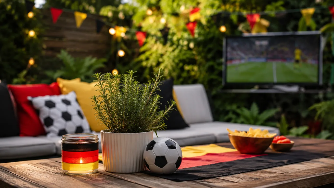 WM-Gartendeko mit Fußball, Fanfarben und gemütlicher Gartenlounge auf der Terrasse im Sommer.