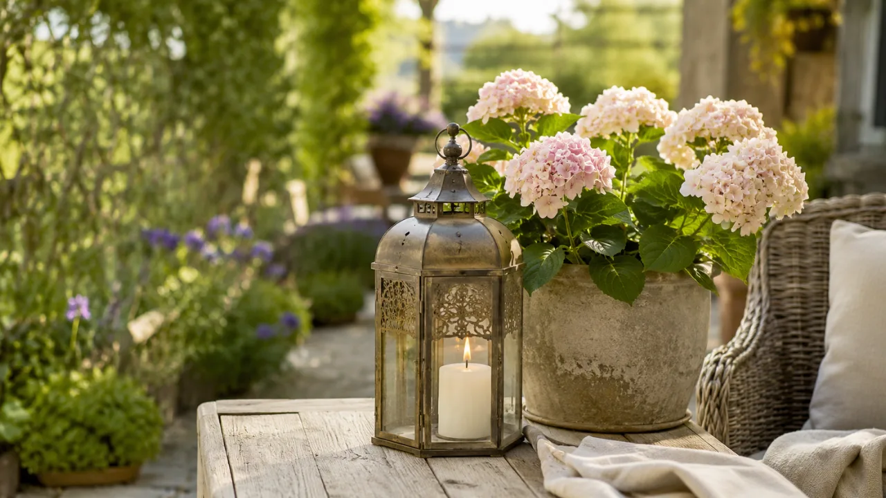 Gartendeko im Juli mit Laterne, Hortensie und gemütlichem Sitzplatz auf sommerlicher Terrasse.