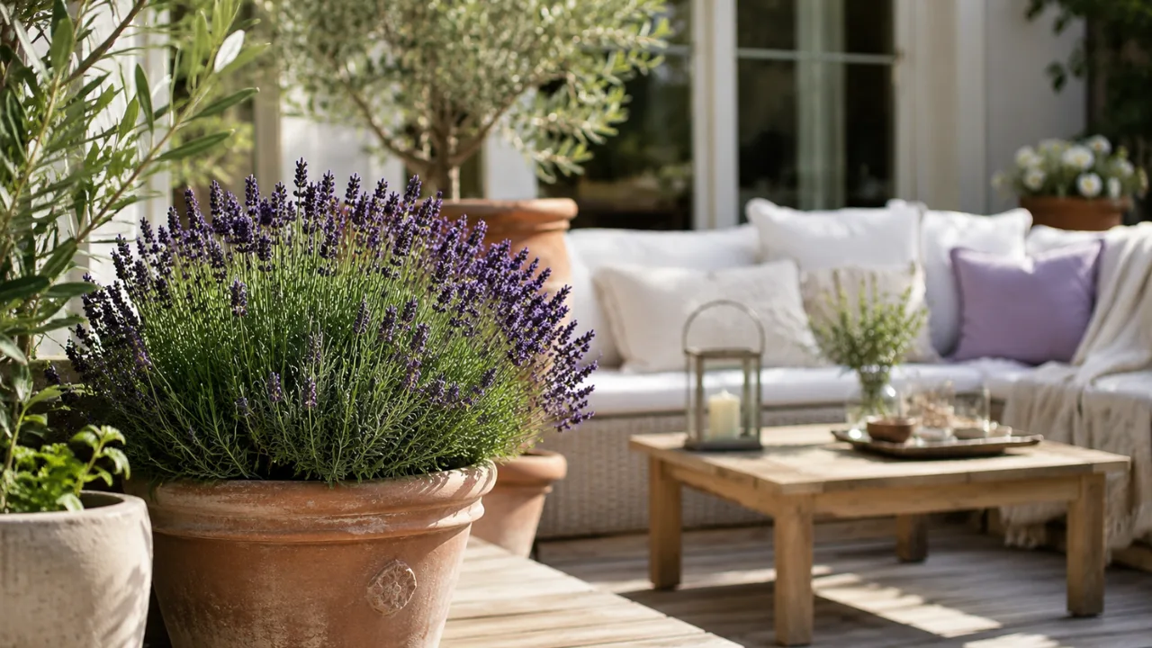 Terrassendeko im Juli mit Lavendel, Terrakottatopf und gemütlicher Sitzecke auf sonniger Terrasse.