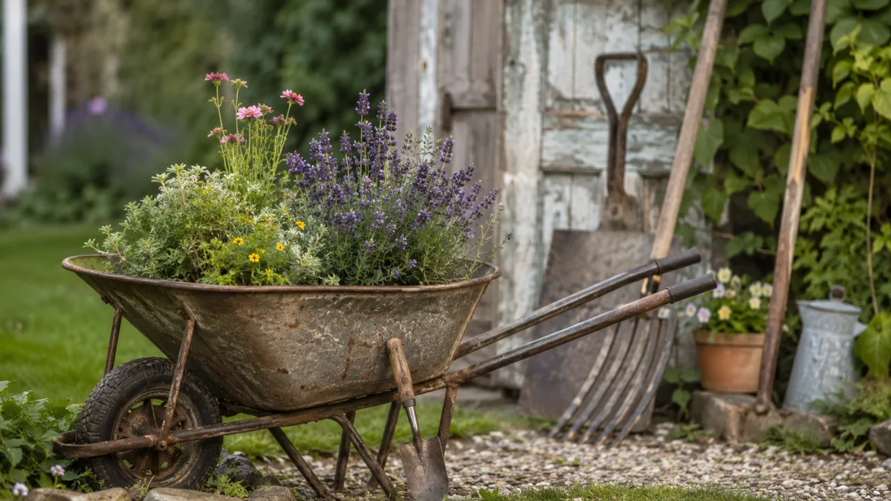 Gartendeko mit alten Werkzeugen und bepflanzter Schubkarre vor rustikalem Gartenhaus.