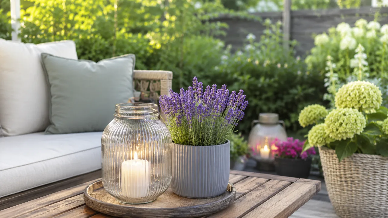 Deko für einen kleinen Garten im Juli mit Sitzecke, Lavendel und sommerlicher Gartendekoration.