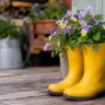 Gartendeko mit alten Gummistiefeln als bepflanzte Blumenkübel auf einer Holzterrasse im Garten.
