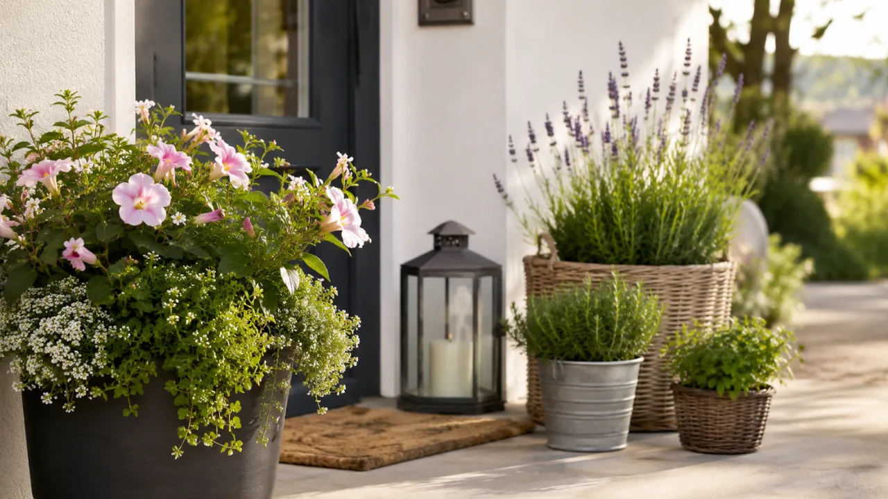 Haustür Deko im Juli mit Sommerblumen, Lavendel, Kräutern und dekorativen Pflanzkübeln im Eingangsbereich.