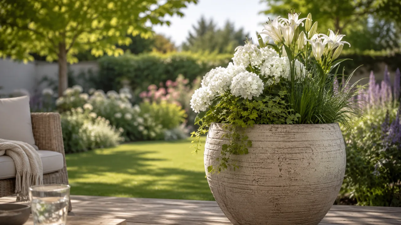 Großer Garten Deko im Juli mit großem Pflanzkübel, Hortensien und sommerlicher Gartengestaltung.