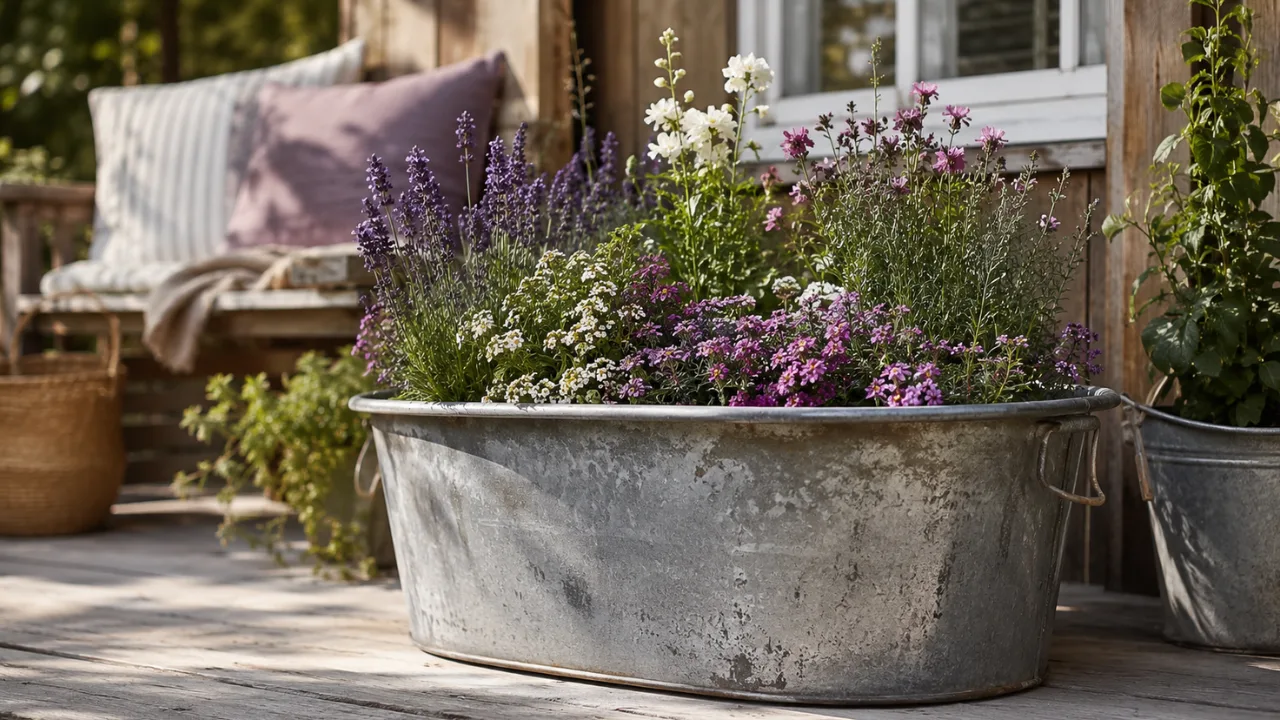 Gartendeko mit alter Zinkwanne als bepflanzter Blumenkübel auf Terrasse im naturnahen Garten.