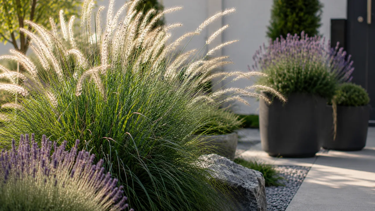 Vorgarten Deko im Juli mit Ziergräsern, Lavendel und modern gestaltetem Hauseingang.