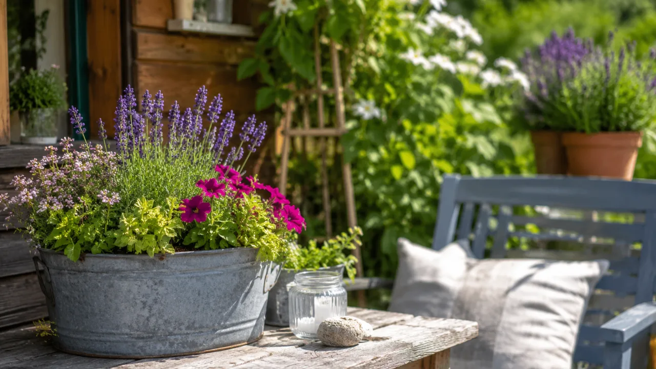 Schrebergartendeko im Juli mit bepflanzter Zinkwanne, Sitzplatz und sommerlicher Gartenatmosphäre.