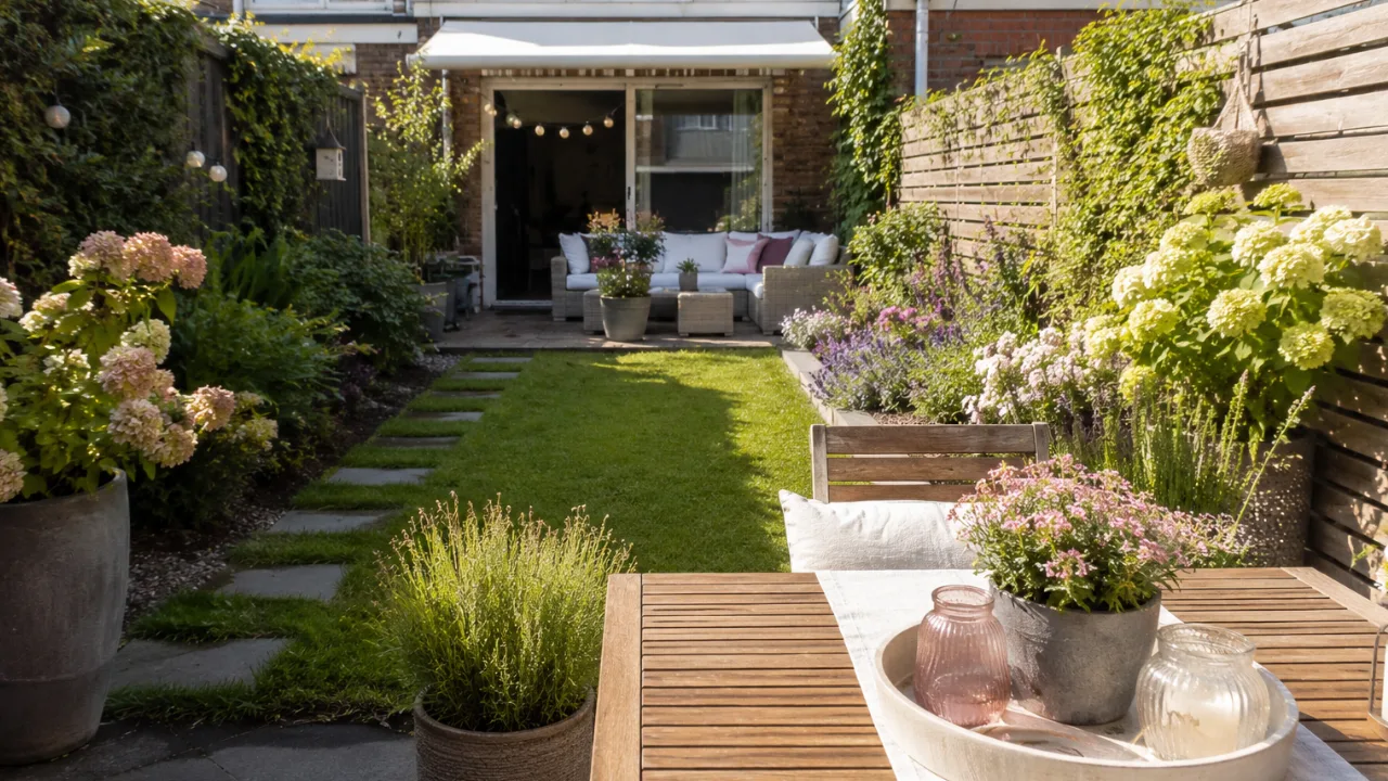 Reihenhausgartendeko im Juli mit blühenden Beeten, Terrasse und gemütlichem Sitzbereich im Sommergarten.