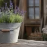 Gartendeko mit altem Zinkeimer als Pflanzgefäß auf Holztisch im naturnahen Garten mit Lavendelblüten.