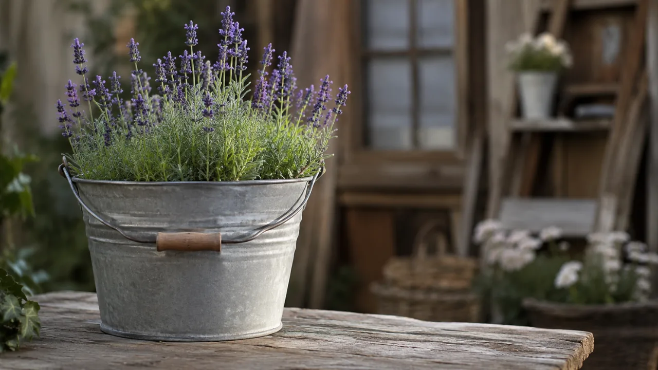 Gartendeko mit altem Zinkeimer als Pflanzgefäß auf Holztisch im naturnahen Garten mit Lavendelblüten.