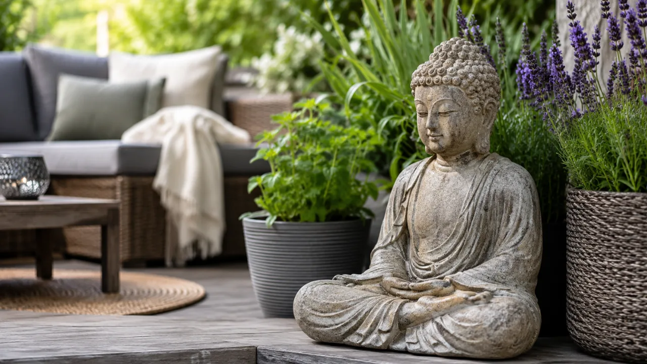 Terrassendeko mit Figuren aus Stein zwischen Lavendel und Kübelpflanzen auf moderner Terrasse.