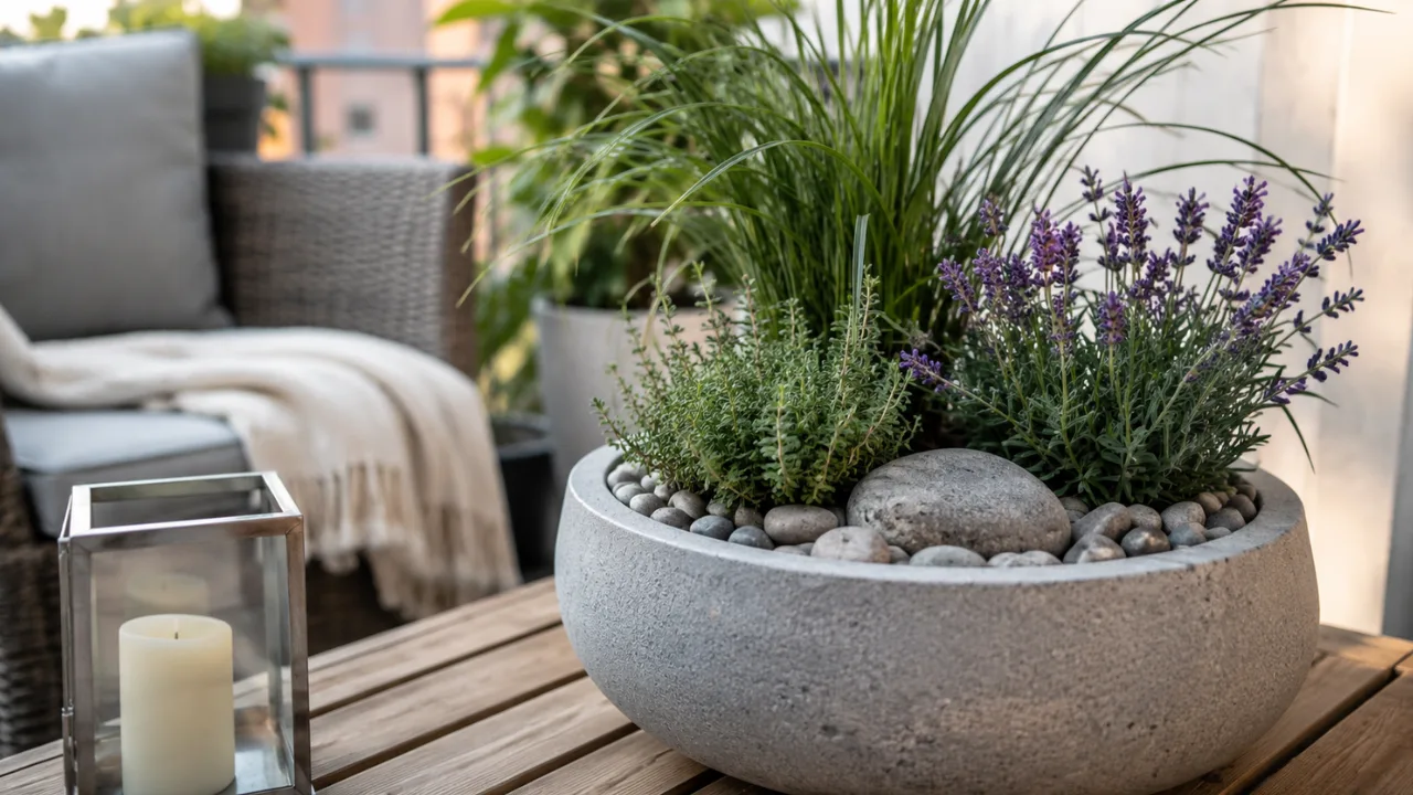 Balkondeko mit Steinen, Lavendel und Ziergras in moderner Pflanzschale auf gemütlichem Balkon.