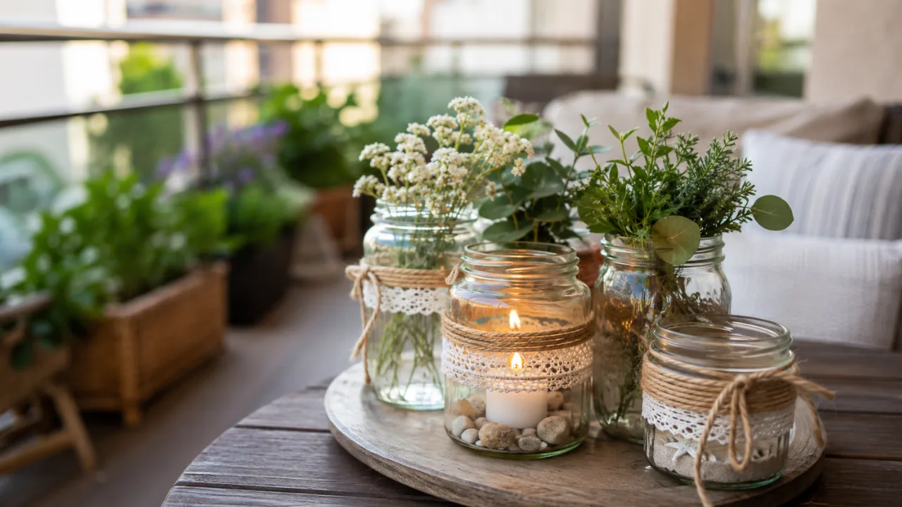 Balkondeko mit alten Einmachgläsern als Windlichter und Blumenvasen auf einem gemütlichen Balkon.