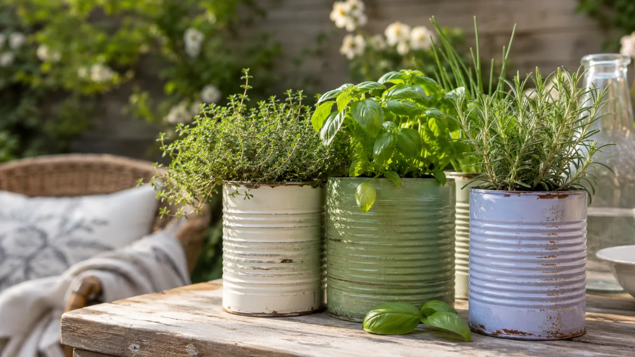Gartendeko mit alten Konservendosen als Kräuterpflanzer auf rustikalem Holztisch im Garten.