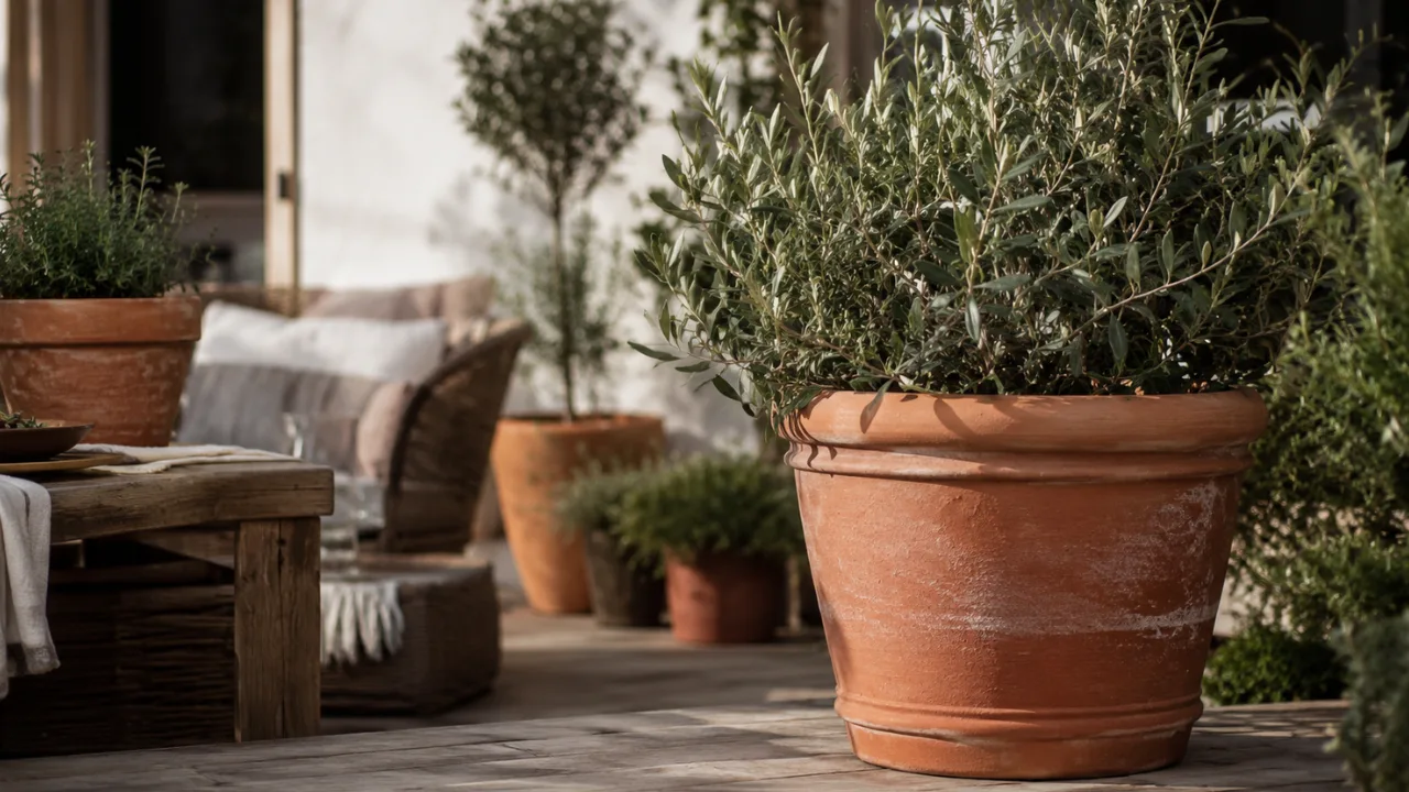 Terrassendeko mit Terrakotta: großer Terrakottatopf mit Pflanzen auf gemütlicher Terrasse im mediterranen Stil.
