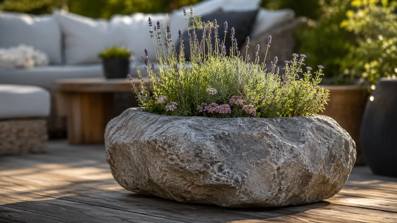 Terrassendeko mit Steinen auf Holzterrasse mit bepflanztem Naturstein und gemütlichem Sitzbereich im Garten.