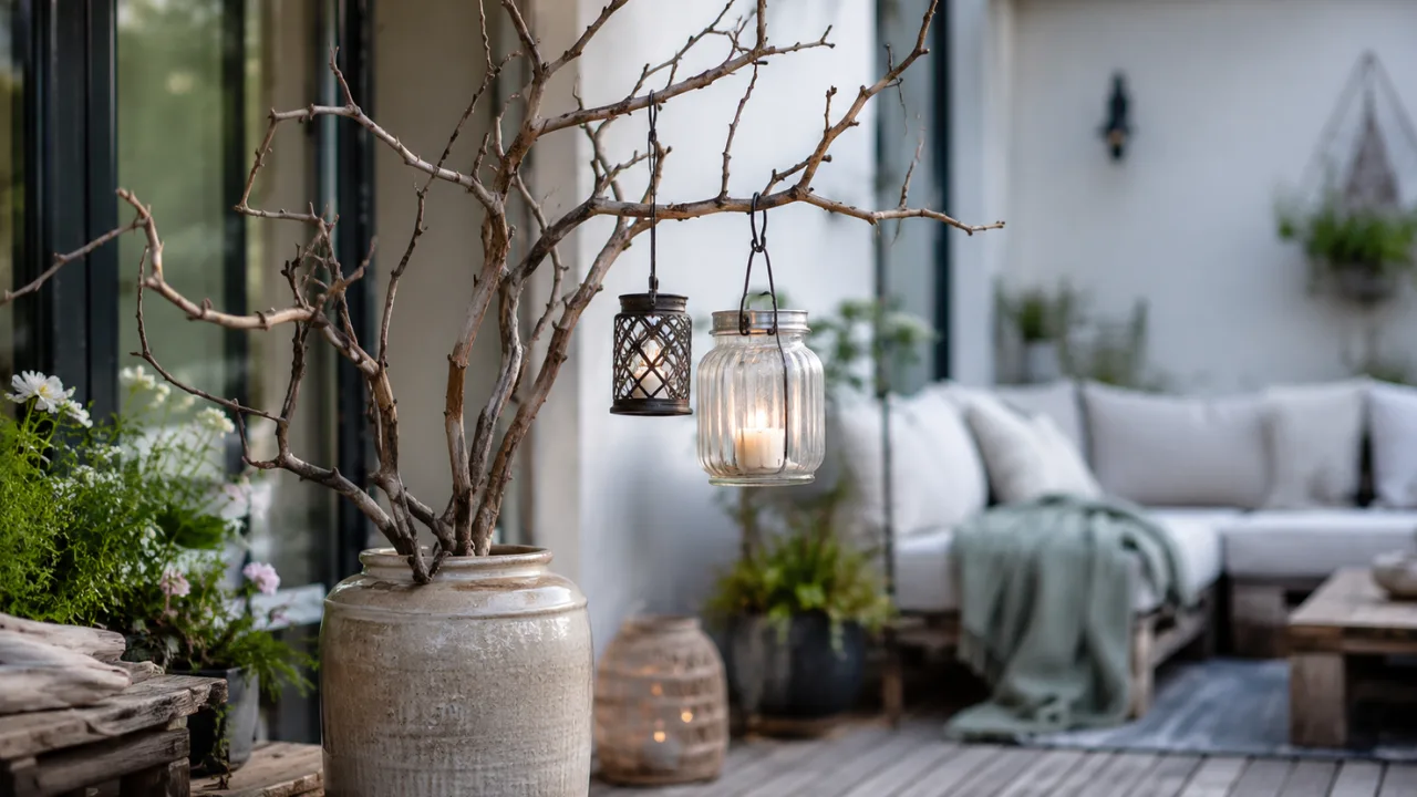 Terrassendeko mit Ästen: 5 Ideen für natürliche Akzente mit Charakter Terrassendeko mit Ästen auf gemütlicher Terrasse mit Laternen, Pflanzen und natürlicher Gartengestaltung.