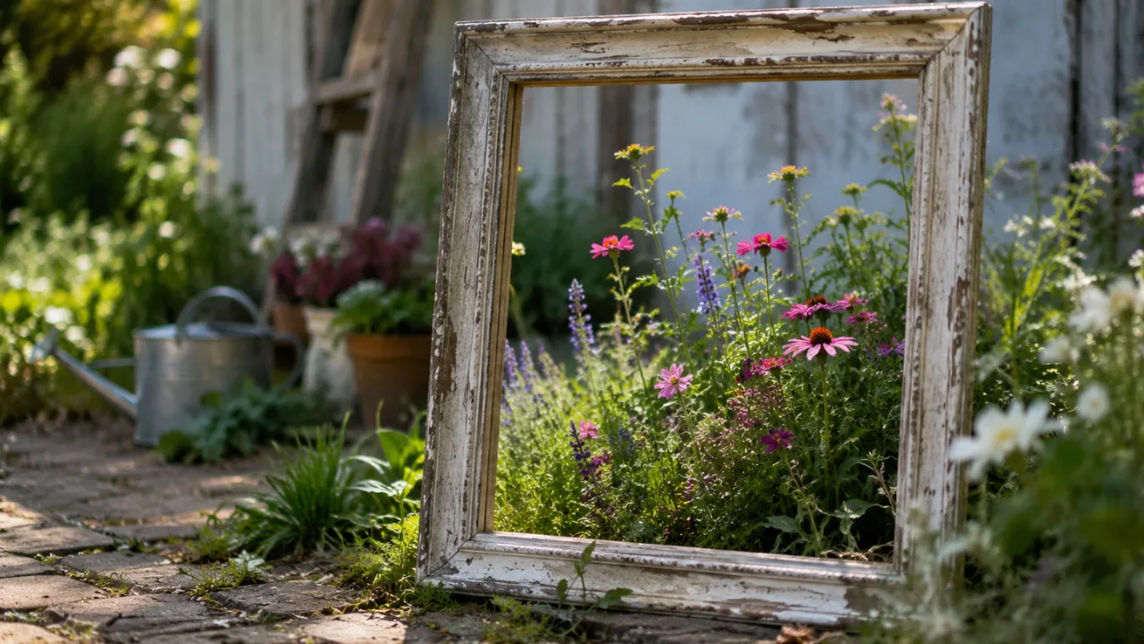Gartendeko mit altem Bilderrahmen vor blühendem Beet als kreativer Blickfang im Garten.