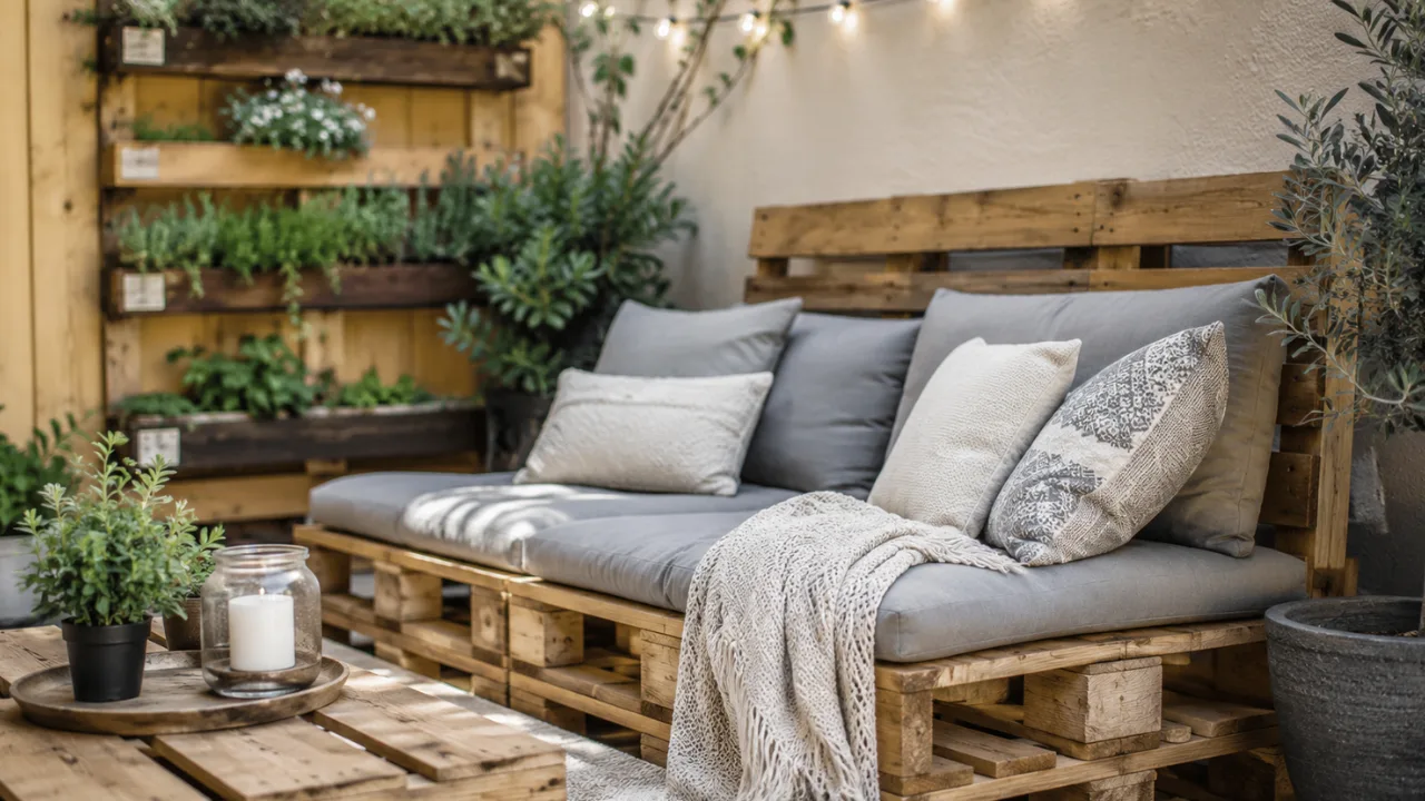 Terrassendeko mit Paletten als gemütliche Lounge mit Pflanzen, Kissen und natürlicher Holzoptik im Garten.
