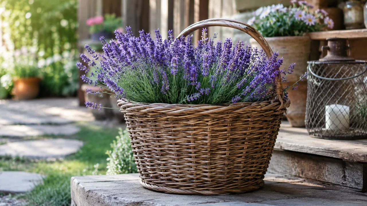 Gartendeko mit alten Körben und Lavendel als natürlicher Blickfang im Garten auf einer Terrasse.