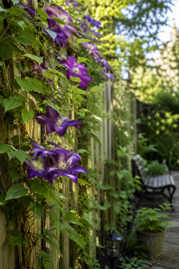 Sommerdeko für den Gartenzaun – 5 einfache Ideen für den Juli Gartenzaun Deko im Juli mit blühender Clematis als natürlicher Kletterpflanze am Holzzaun.