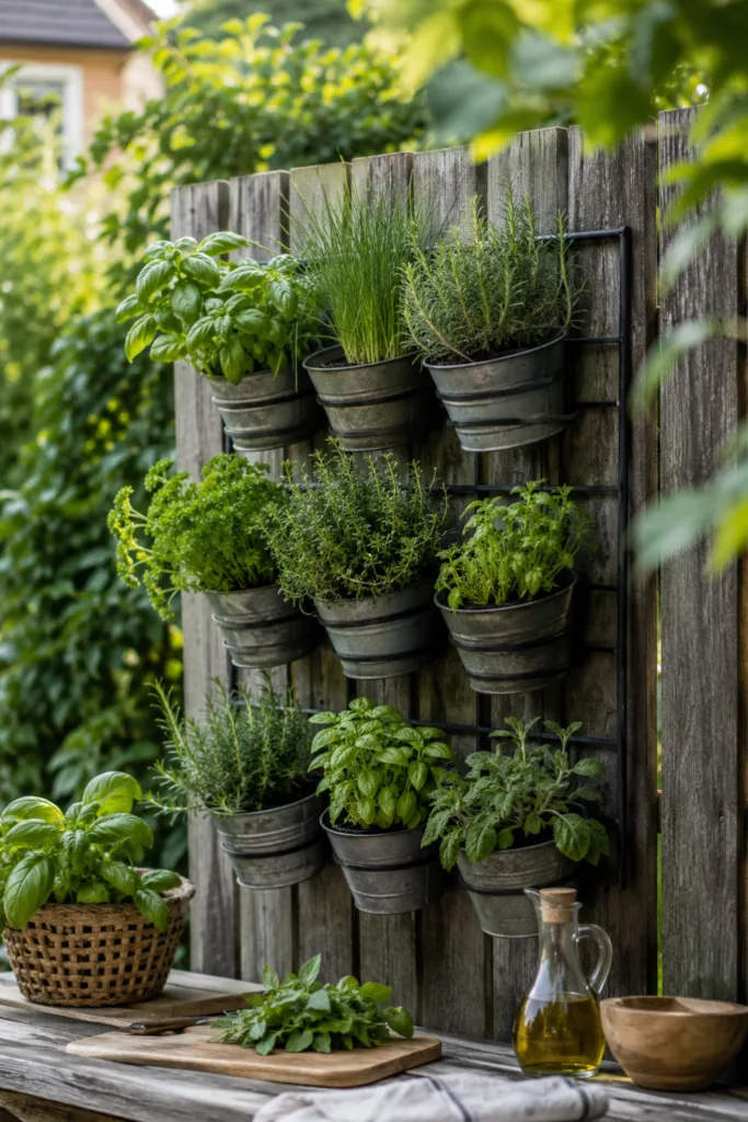 Sommerdeko für den Gartenzaun – 5 einfache Ideen für den Juli Gartenzaun Deko im Juli mit Kräuterwand aus Basilikum, Rosmarin und Thymian am Holzzaun.