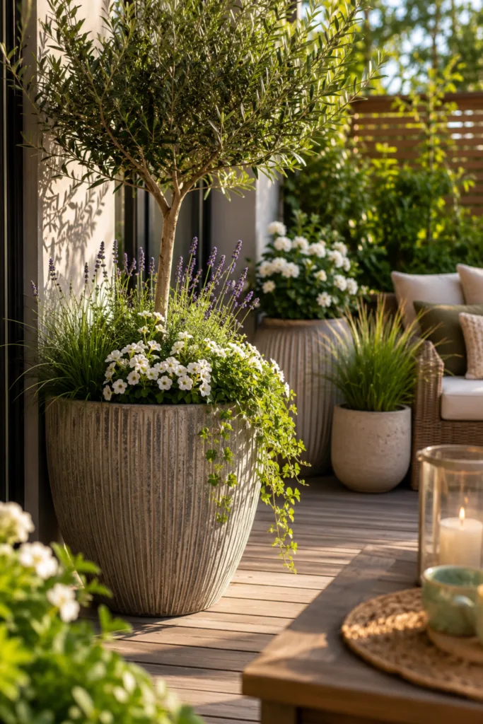 Sommerdeko für die Terrasse – 5 Ideen für gemütliche Sommerabende Sommerdeko für deine Terrasse mit großem Pflanzgefäß als Blickfang und harmonischer Terrassengestaltung.