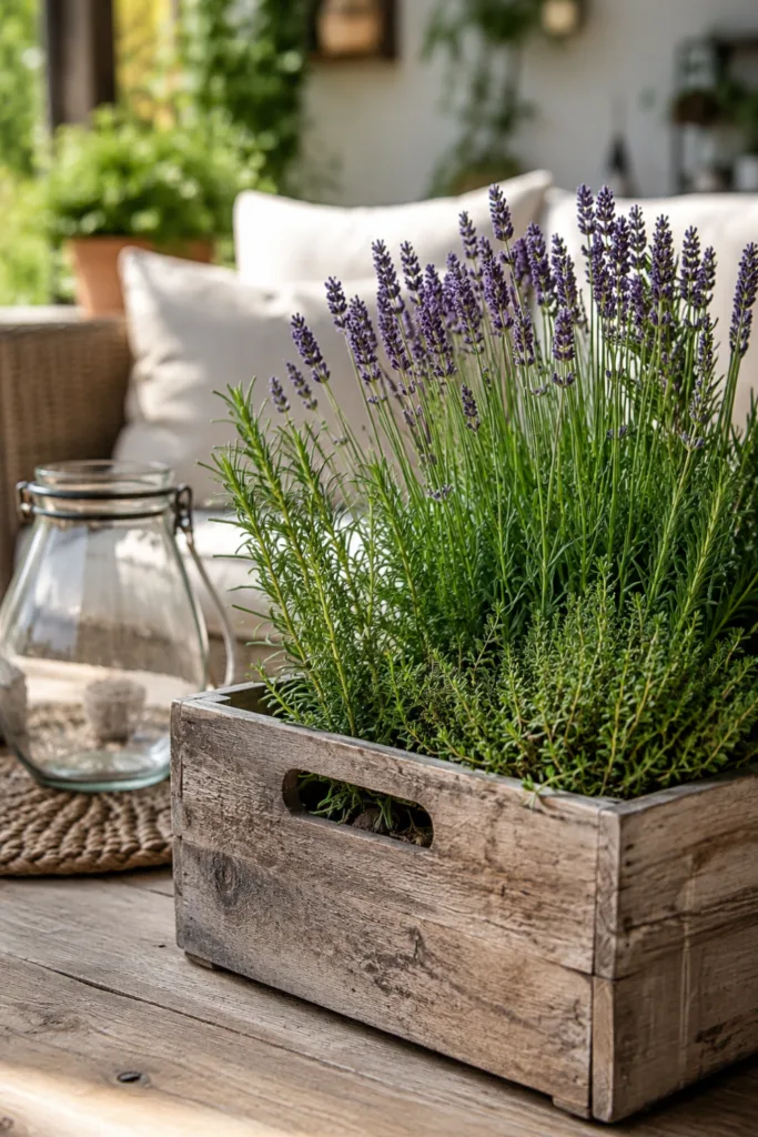 Sommerdeko für die Terrasse – 5 Ideen für gemütliche Sommerabende Sommerdeko für deine Terrasse mit Holzkiste, Lavendel und Kräutern in natürlicher Gestaltung.