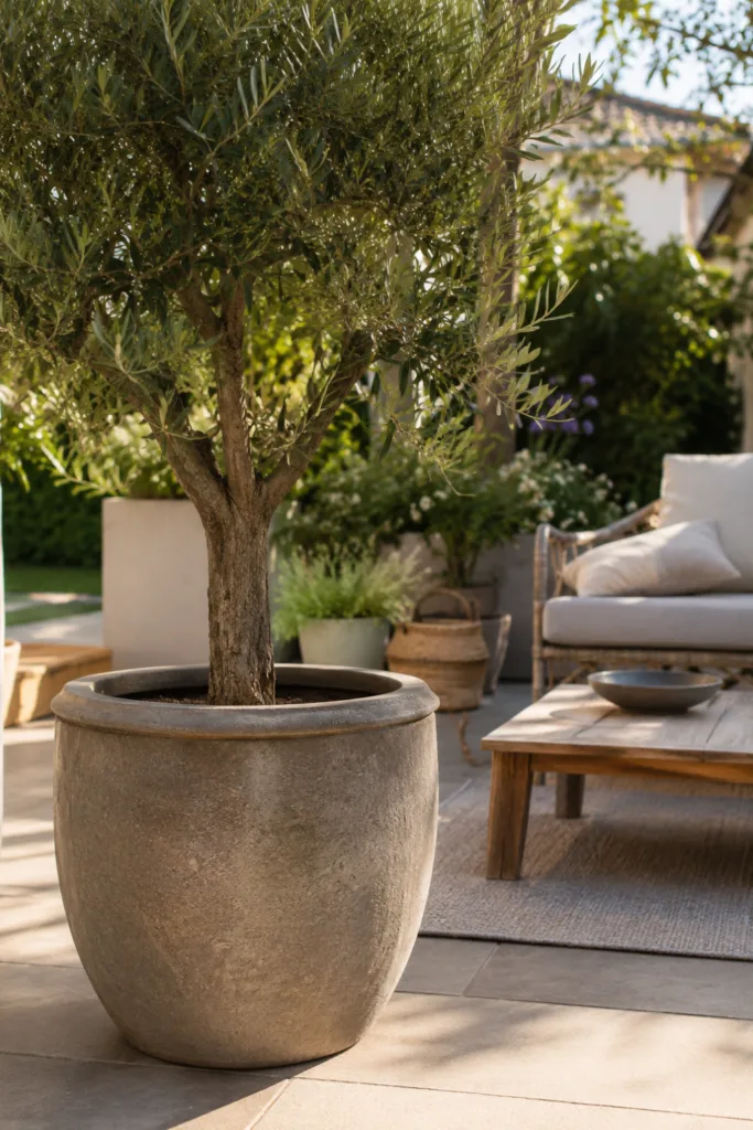 Sommerdeko für die Terrasse – 5 Ideen für gemütliche Sommerabende Sommerdeko für deine Terrasse mit großem Pflanzkübel als zentralem Blickfang und gemütlicher Sitzecke.