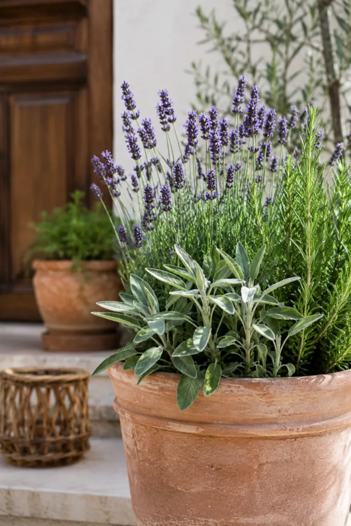 Hauseingangsdeko im Juli mit Lavendel, Rosmarin und Salbei in Terrakottatopf vor der Haustür.