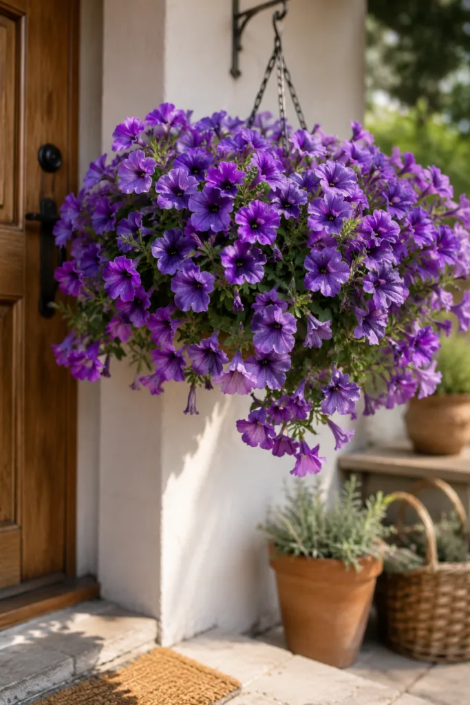 Hauseingangsdeko im Juli mit üppiger Blumenampel aus Petunien am Eingangsbereich eines Hauses.
