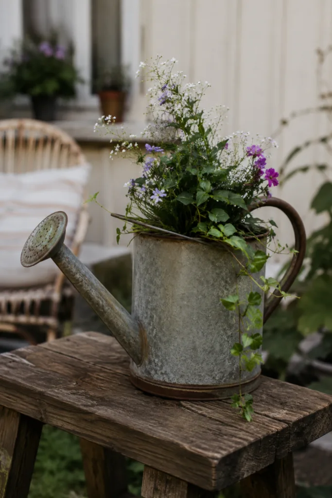 Gartendeko im Juli mit bepflanzter alter Gießkanne als dekorativer Blickfang auf rustikalem Holztisch.