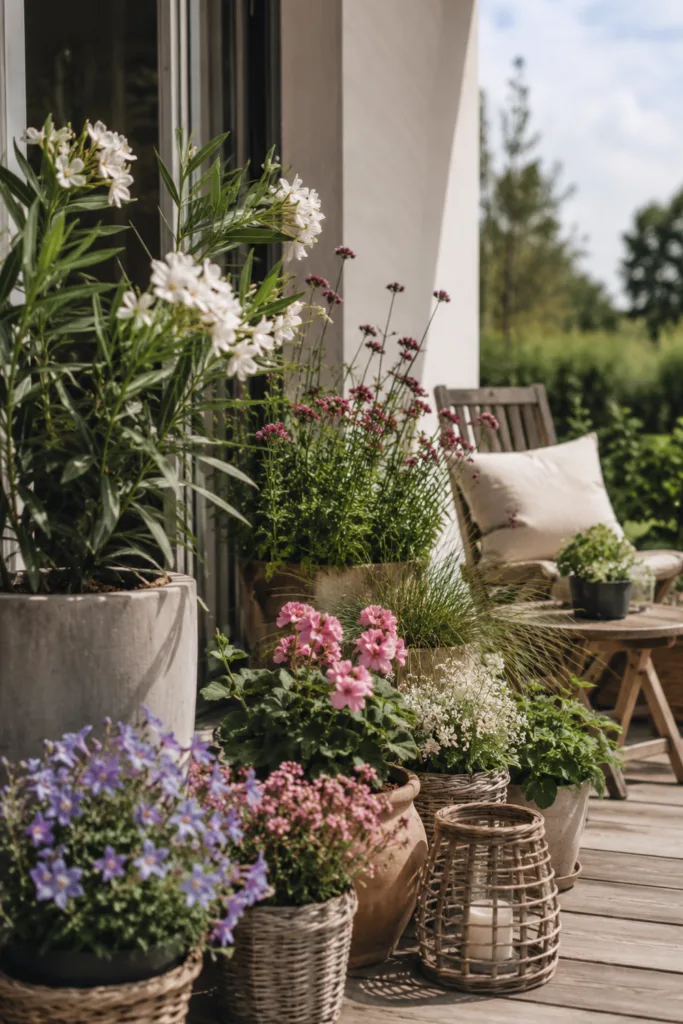 Terrassentür Deko im Juli mit Sommergarten, Blühpflanzen und Kübeln auf der Terrasse