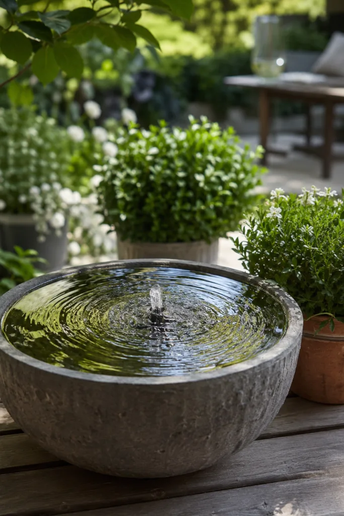 Gartendeko im Juli mit dekorativer Wasserstelle, Wasserschale und Sommerpflanzen im Garten.