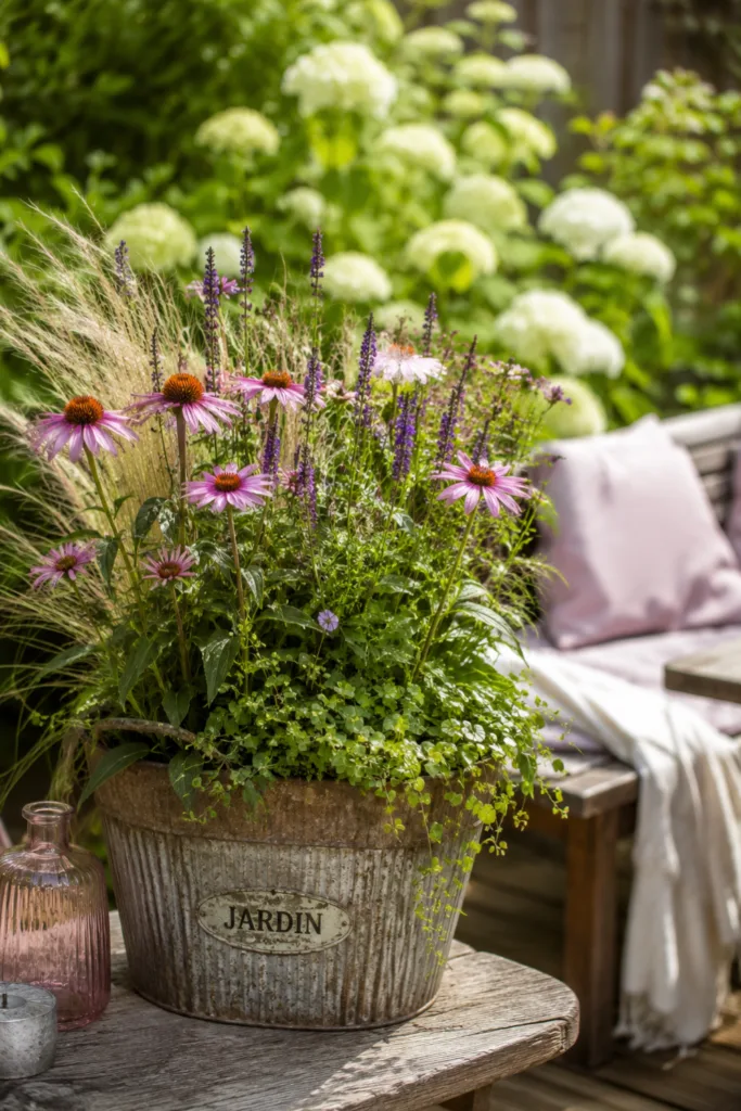 Gartendeko im Juli mit dekorativer Pflanzeninsel aus Sonnenhut, Ziergras und Sommerblumen als Blickfang im Garten.