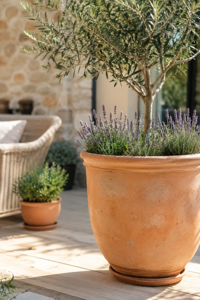 Terrassendeko im Juli mit mediterranem Pflanzgefäß, Olivenbaum und Lavendel auf sonniger Terrasse.