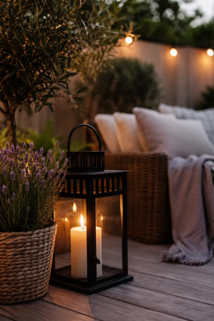 Terrassendeko im Juli mit Korbgeflecht, Holz und Lavendel für mehr Gemütlichkeit auf der Terrasse.