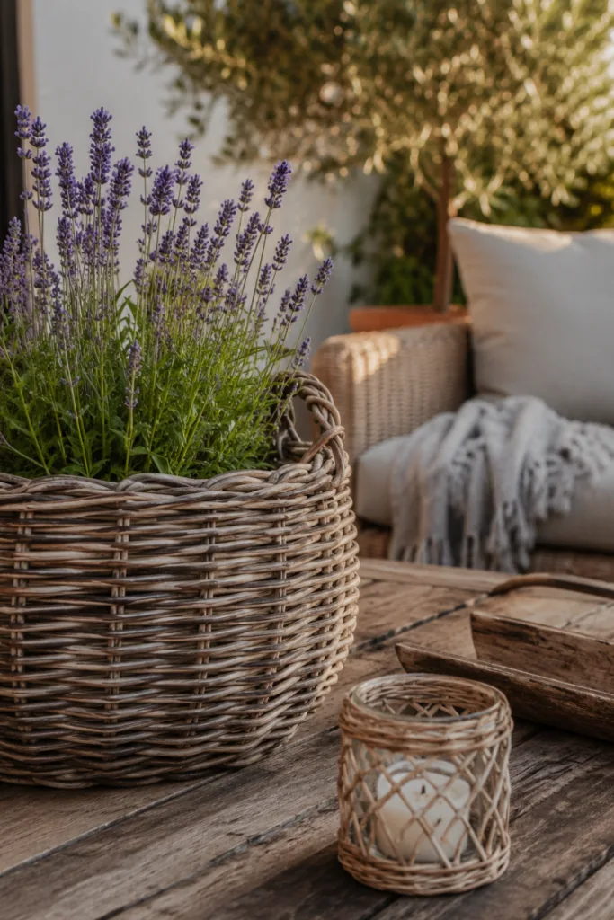 Terrassendeko im Juli mit Korbgefäß, Lavendel, Holztisch und gemütlicher Sitzecke im Garten.