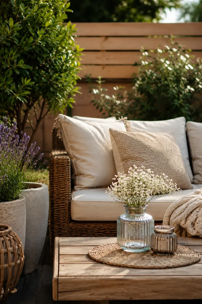 Terrassendeko im Juli mit gemütlicher Sitzecke, Kissen, Holztisch und Kübelpflanzen im Garten.