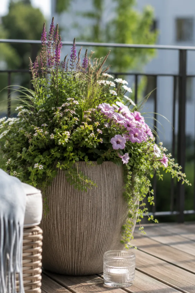 Balkondeko im Juli mit großem Pflanzgefäß, Sommerblumen und harmonischer Balkongestaltung.