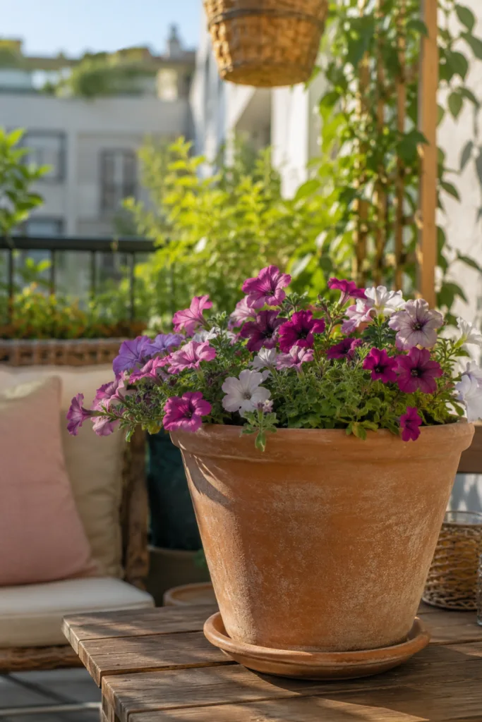 Balkondeko im Juli mit Terrakotta-Topf, Holzmöbeln und Sommerblumen auf gemütlichem Balkon.