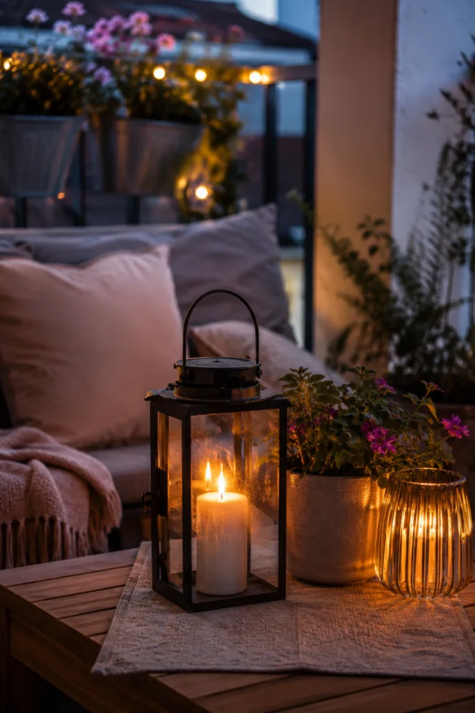 Balkondeko im Juli mit stimmungsvoller Beleuchtung, Laternen und warmem Licht auf dem Balkon.