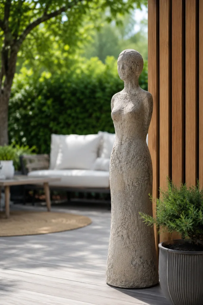 Terrassendeko mit Figuren: Große Steinfigur als Blickfang auf moderner Terrasse mit Pflanzen und Sitzbereich.