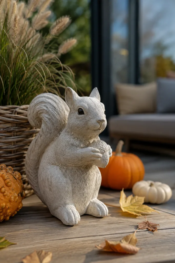 Terrassendeko mit Figuren im Herbst, Eichhörnchenfigur zwischen Kürbissen und Gräsern auf moderner Terrasse.