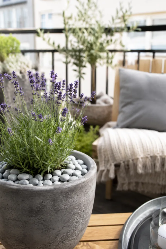 Balkondeko mit Steinen – 5 natürliche Ideen für mehr Atmosphäre Balkondeko mit Steinen: Lavendel im Pflanzgefäß mit weißen Ziersteinen auf modernem Balkon.